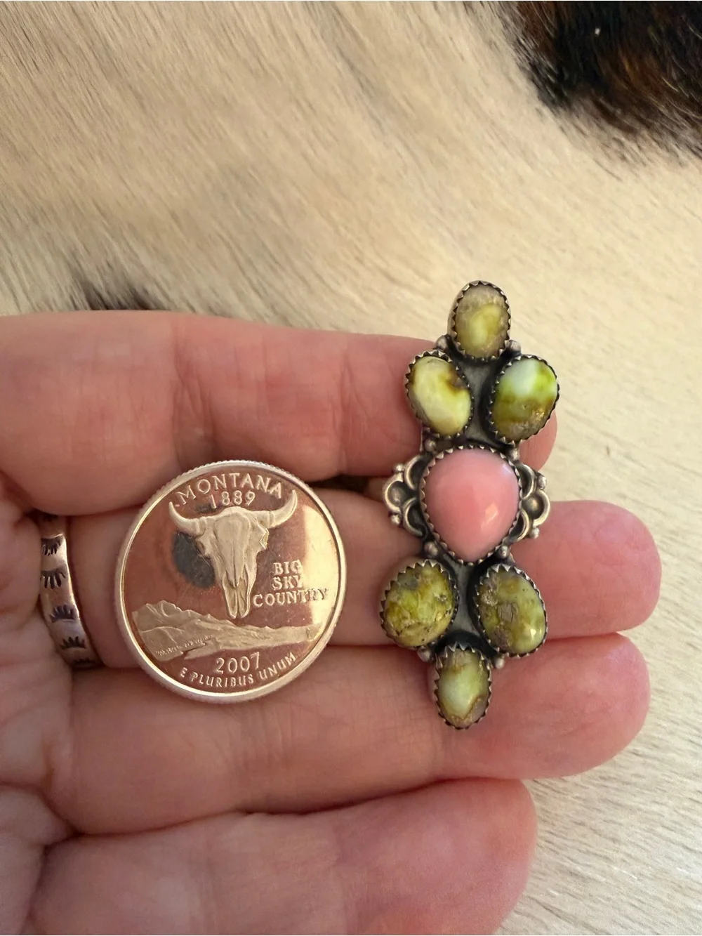 ❤️ Queen Pink Conch Palomino Variscite 925 Navajo Style Crawler Adjustable Ring